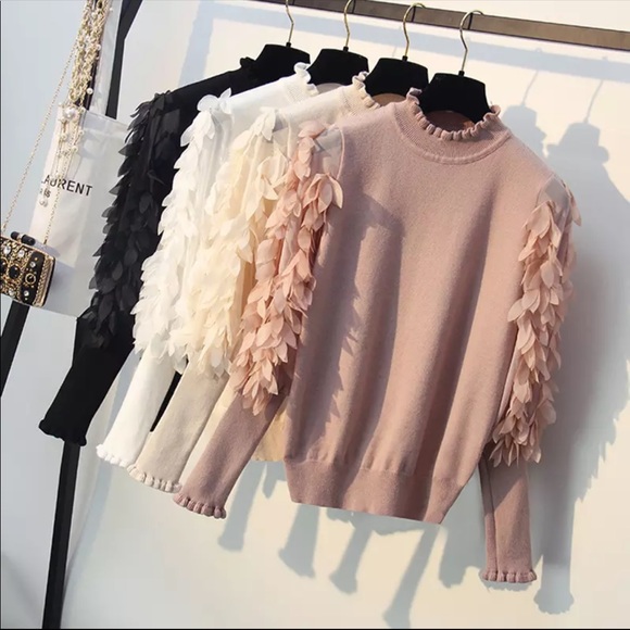Sweaters - Feminine  Mock Neck Petal Ruffle Sleeve Sweater